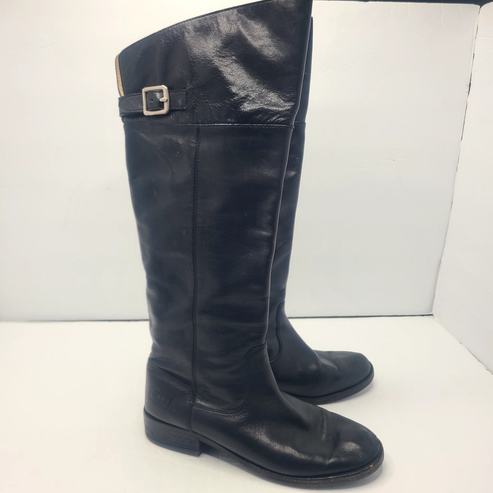 Coach Joele Black Leather Buckle Straps Knee High Tall Riding Boots Womens 8.5B